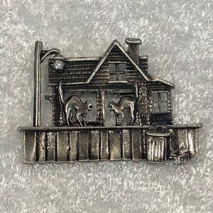 Large Pewter Brutalist Haunted House With Cats Halloween Pin Brooch Unisex